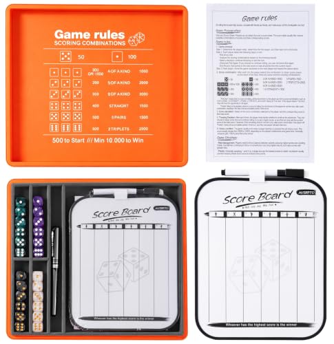 Dice Tray and Storage Case for Farkle Game - Includes Embedded Scoring Combinations, 4 Sets of 6 Pearl Dice, 50 Sheet Score Pad and Pen Holder for The Classic Family Game - Orange red - color: Orange Red