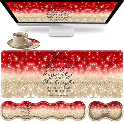 Large Gaming Mouse Pad, Keyboard Wrist Rest + Mouse Wrist Pad + Coaster Combination Set, Memory Sponge Non-Slip Base. Suitable for Office and Home, Red Glitter Quote Proverbs 31-25 - color: Fok-fo1-mouse -022