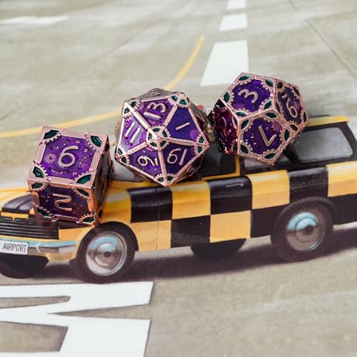 UDIXI Metal Dice Set D&D Steampunk Gear Metal DND Dice for Tabletop Games | 7PCS, Purple, Solid Metal, Metal Gift Box, DM Gift, for Dungeons and Dragons RPG Role Playing Games - color: Gear-purple With Green
