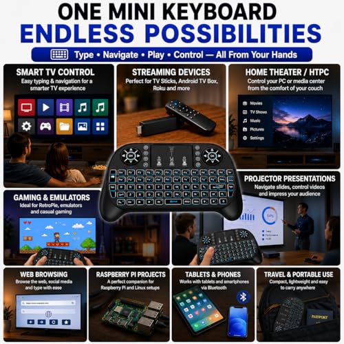 Mini Wireless Keyboard with Touchpad, Bluetooth + 2.4GHz RF Remote Control, 7-Color Backlit Rechargeable Keyboard for Smart TV, Android TV Box, Fire Stick, PC, Laptop, HTPC, Raspberry Pi & Tablet