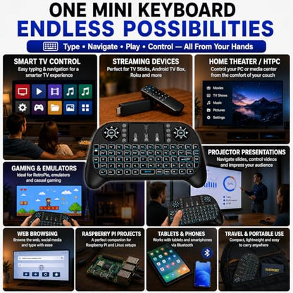 Mini Wireless Keyboard with Touchpad, Bluetooth + 2.4GHz RF Remote Control, 7-Color Backlit Rechargeable Keyboard for Smart TV, Android TV Box, Fire Stick, PC, Laptop, HTPC, Raspberry Pi & Tablet