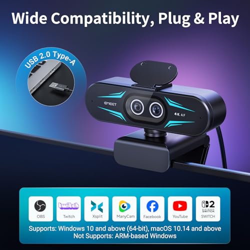 EMEET C60E Dual-Camera 4K Webcam for Streaming, Wide-Angle and Telephoto Cameras, Max 11X Hybrid Zoom & PDAF Autofocus, Remote Control, RGB Lighting, 2 Mics, Ideal for Livestreaming and Online Meeting - style: Dual-Camera w/ Remote