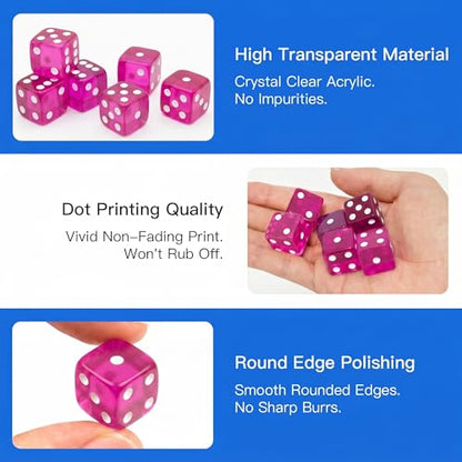 12 Piece 19 mm Casino Style Dice Set, Acrylic Translucent D6 Dice with Square Rounded Edge, Rose Red for Craps, Table Games, Board Games, RPG, MTG, DND(Rose red) - color: Rose Red