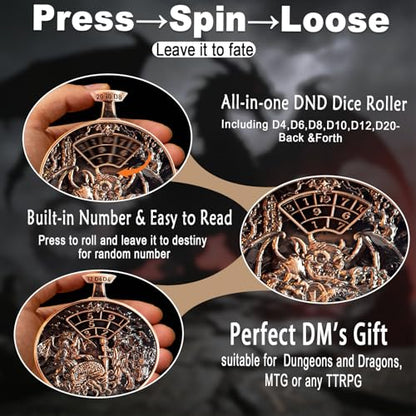 DND Dice Roller D4-D20 Metal Pocket Watch 3D Dragon Art Copper | All-in-one dnd spinner dice. metal pocket watch design.press to roll. zinc alloy metal. mtg ttrpg gifts - color: Dice Roller- Copper