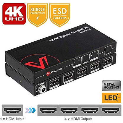 4K HDMI Splitter 1 in 4 Out 1080p 3D, PCM7.1, Dolby TrueHD, DTS-HD Master Audio, Auto EDID, Threaded Power Supply, with Built-in ESD Protection (One Input Four Output) AV Access HDMI Distributor 1x4