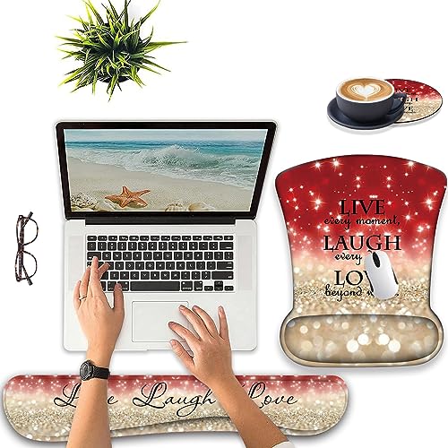 Keyboard Wrist Support + Wrist Mousepad + Coaster Combination, Non-Slip PU Base, with Gel Memory Mousepad, Suitable for Gaming, Office Pain Relief Mousepad Set - Red Glitter Quote ?Live Laugh Love - color: Red Glitter Quote ?Live Laugh Love