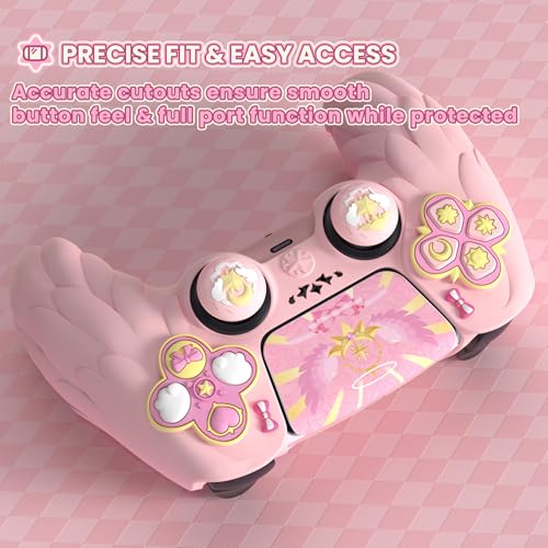 PlayVital Magic Wings Protective Silicone Cover Skin for ps5 Controller – Soft Anti-Slip Grip Protector Case for ps5 Controller with Thumbstick Caps & Stickers, Charging Station Compatible - Pink - color: Pink