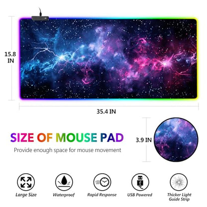 AIMSA LED Gaming Mouse Pad RGB, Large Mouse Pad with 14 Light Modes, Keyboard Mousepad Led Extended Surface (35.4 x 15.8 in) for Desktop Gamers, Blue Purple Starry Nebula - color: Blue Purple Starry Nebula