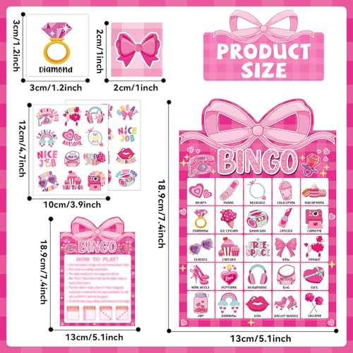 39 Pcs Pink Bow Party Bingo Game for Adults Kids 24 Players Pink Girls Party Bingo Game Cards with Reward Stickers for Family Friends Large Group Gathering Bachelorette Princess Doll Party Favors - style: Pink Girls