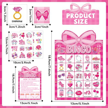 39 Pcs Pink Bow Party Bingo Game for Adults Kids 24 Players Pink Girls Party Bingo Game Cards with Reward Stickers for Family Friends Large Group Gathering Bachelorette Princess Doll Party Favors - style: Pink Girls