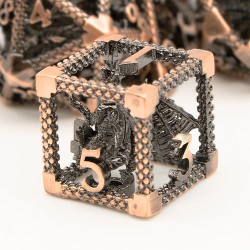DND Dice Set,3D Hollow Dragon Metal 7-Die,Antique Red Copper | copper construction,68g balanced weight,engraved numbers,gift box and velvet bag for DND RPG play - color: 3d-copper