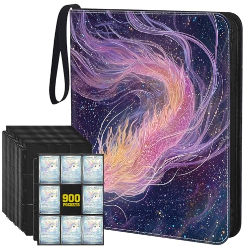 Trading Card Binder 900 Slots, 3-Ring Refillable 9-Pocket Album, 50 Top-Loading Pages, Zippered Case with Strap, Acid-Free PVC-Free, Fits 2.5 x 3.5 in Cards, TCG - color: Nebula Dragon - 2