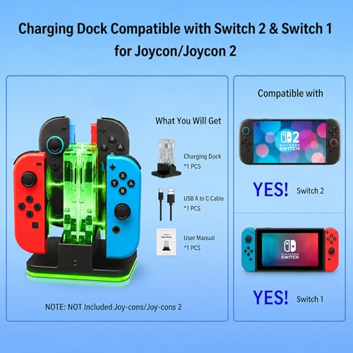 4 in 1 Charging Dock Compatible with Nintendo Switch 2/Switch 1 for Joy Con & JoyCons 2 Magnetic Fast Controller Charger Dock Station with RGB Light