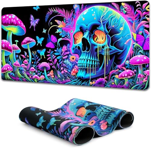 Simpkeely Large Skull Mushroom Gaming Mouse Pad - UV Light Reactive Neon Glow Butterfly Mat Waterproof XL Non-Slip Rubber Base for Computer & Keyboard, 31.5" x 11.8" - color: Skull Mushroom