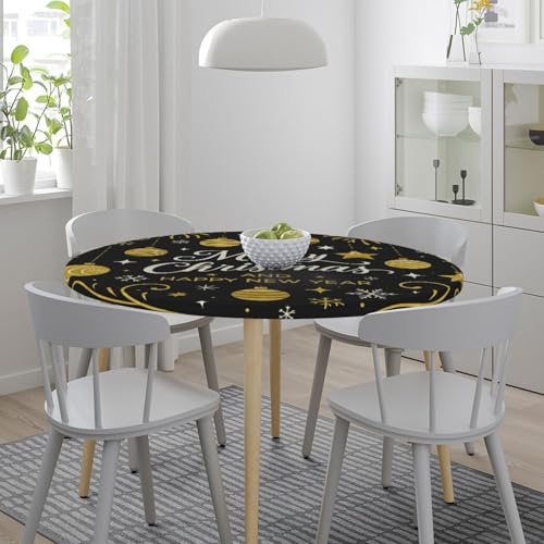 Famame Gold Christmas Ball Stars Round Fitted Tablecloth with Elastic Protector Table Kitchen Dinner Waterproof Oil-Proof Table Covers Fits 40"-44", Small - color: Gold Christmas Ball Stars, size: Small (40"-44")
