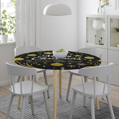 Famame Gold Christmas Ball Stars Round Fitted Tablecloth with Elastic Protector Table Kitchen Dinner Waterproof Oil-Proof Table Covers Fits 40"-44", Small - color: Gold Christmas Ball Stars, size: Small (40"-44")