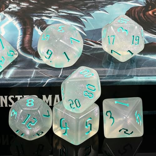 QMAY DND Dice Set -D&D Polyhedral Dice (7 Pcs) for Dungeons and Dragons (Transparent White Glitter) - color: Transparent White Glitter