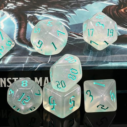 QMAY DND Dice Set -D&D Polyhedral Dice (7 Pcs) for Dungeons and Dragons (Transparent White Glitter) - color: Transparent White Glitter