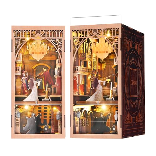 MiniCity Phantom of the Opera DIY Book Nook Kit, Bookshelf Insert with LED | 7.1 x 4.3 x 9.1 in; 186 pieces, LED and dust cover; glue/tools and guide included; 6-8 hr DIY build for display, ages 14+. - style: Phantom of The Opera
