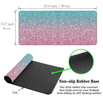 Gaming Mouse Pad Office Desk Mat, Extra Large Pink Glitter Pad for Women, Waterproof Non-Slip Rubber Base, 35.4 X 15.7 in for Work/Game/Office - color: Glitter Pink
