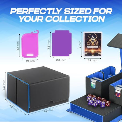 NOVA 5 in 1 MTG Deck Box Commander Case - MTG Deck Box with Secure Magnetic Closure, Dice Tray & Card Dividers - 400+ Double-Sleeved Card Storage, Travel Ready Case [Black and Blue]