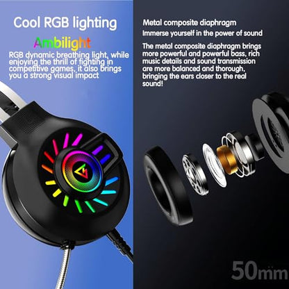 Gaming Headset,7.1 Surround Sound Wired Gaming Headset with Noise Cancelling Mic, Ultra Stable Headphones with 50mm Drivers Memory Foam, RGB Light, Black - color: Black