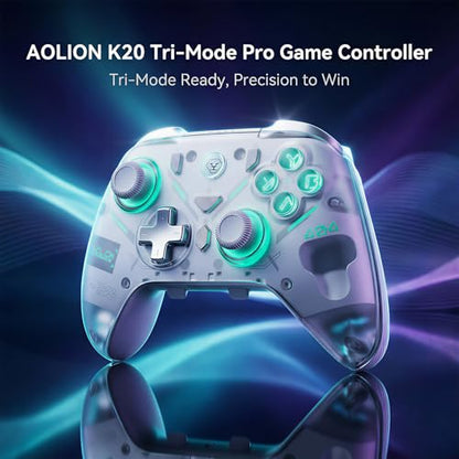Aolion gaming K20 Wireless Controller Compatible with Switch 2/Switch/PC/iOS/Android, Hall Effect Joystick, 1000Hz Polling Rate, Tri-Mode Bluetooth/2.4G/Wired Gamepad, RGB Charging Dock, Back Buttons - color: White
