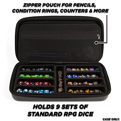 CASEMATIX Dice Box and Card Case for 9 Sets of RPG Dice, Spell Cards, Counters and Other Accessories - Hard Shell Dice Holder with Embossed Dragon Design, Carry Handle and Dice Tray Functionality