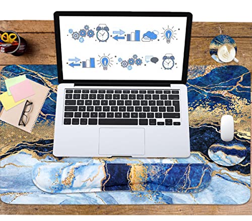 4-in-1 Large Gaming Mouse Pad, Keyboard Wrist Rest Pad & Wrist Support Mousepad Set, Extended Desk Pad Waterproof Desk Mat for Home Office Study Game - Blue Gold Marble - color: Blue Gold Marble