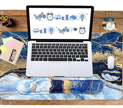 Ergonomic Large Mouse Pad and Keyboard Wrist Rest, Desk Pad for Keyboard and Mouse, 4-in-1 Large Gaming Mouse Pad with Wrist Support - Light Blue - color: Blue Gold Marble