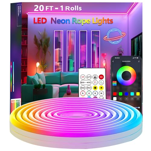 20Ft Neon Rope Lights,Flexible Led Rope Lights Control with App/Remote,Multiple Modes Rope Lights,IP65 Outdoor Waterproof,Music Sync Light Strip for Bedroom - size: 20FT Neon Rope Lights