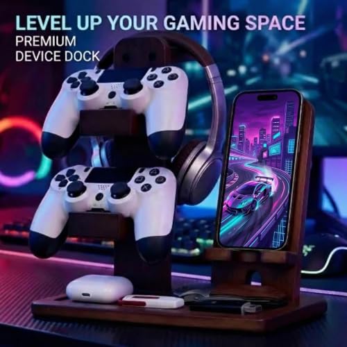 Wooden Headphone & Headset Stand, Controller Holder for PS5 & Xbox– Gaming Equipment, Gamer Gifts & Room Decor for Boy, Girl, Son, Husband, Boyfriend
