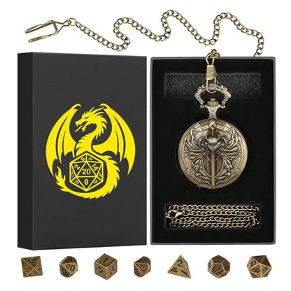 Mini DND Dice Set with Steampunk Paladin Pocket Watch Shell Case, DND Starter Set, 7pcs Polyhedral Mini Metal Dice Set, D&D Gifts with Gift Box, Role Playing Board Game Accessories,Bronze - color: Bronze + Gift Box