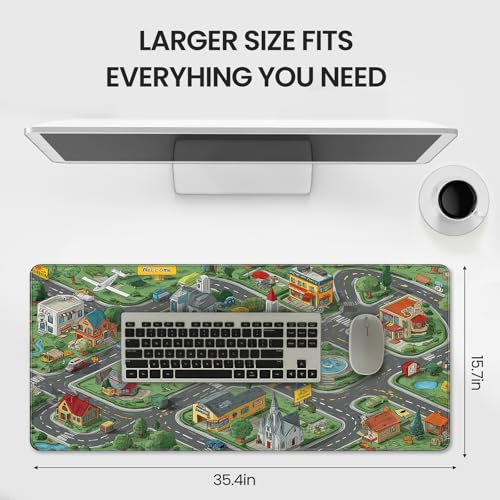 35.4 x 15.7 Inches XXL Large Gaming Mouse Pad, Cartoon City Street Map Design, Non-Slip Base, Waterproof and Scratch-Resistant Surface, Suitable for Home and Casual Gaming Desktop mats - color: Anime Cartoon City Streets