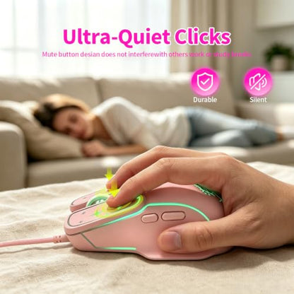 Wired Gaming Mouse, Lightweight USB Optical Computer Mice with 7 Buttons, 4 Adjustable DPI (1200-7200), Ergonomic Shape for Computers and Laptops, Pink - color: Pink