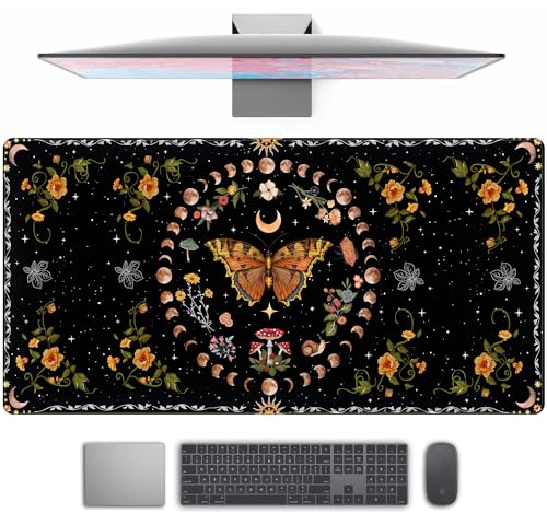 Moth Desk Pad Mushroom Phase Moon Phase Desk Mat, Boho Flowers and Leaves Computer Big Mouse Pad Washable Cloth Non-Slip Rubber Base Keyboard Pad Mouse Mat for Office with Stitched Eges 31.5x15.7 in - color: Black Butterfly Moon