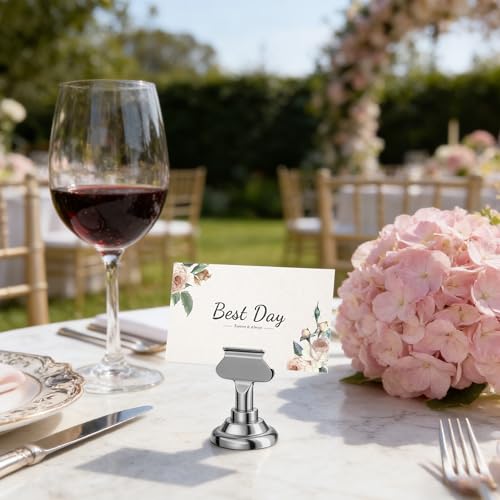 Urban Deco 16PK Table Number Holders Place Card Holders 1.7 Inch Table Card Holders Steel Card Holders for Photos, Food Signs, Memo Notes, Weddings, Restaurants, Birthdays(Silver) - color: Silver