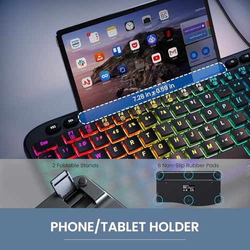 VEILZOR Wired Ergonomic Keyboard, 7-Color Backlit USB Computer Keyboard with Wrist Rest, Wave Keys, Phone Holder, Lighted Keyboard Compatible with PC, Laptop, Windows, and Mac
