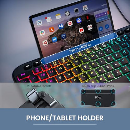 VEILZOR Wired Ergonomic Keyboard, 7-Color Backlit USB Computer Keyboard with Wrist Rest, Wave Keys, Phone Holder, Lighted Keyboard Compatible with PC, Laptop, Windows, and Mac