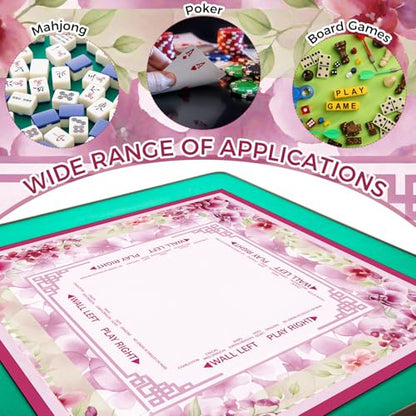 Flower Mahjong Mat with Rules 31.5" x 31.5" Non-Slip Noise Reduction Gaming Mat with Carrying Bag American Mahjong Table Cover for Poker Board Card Games Dominoes(Pink) - style: Pink