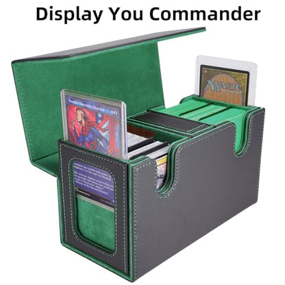 AFIING MTG Commander Card Storage Box - Fits 200 Double Sleeved Cards,3-in-1Card Deck Case,Strong Magnet Card Organizer For Magic Commander TCG CCG,4Dividers &2 Toploaders, Black/Green - color: Black Green