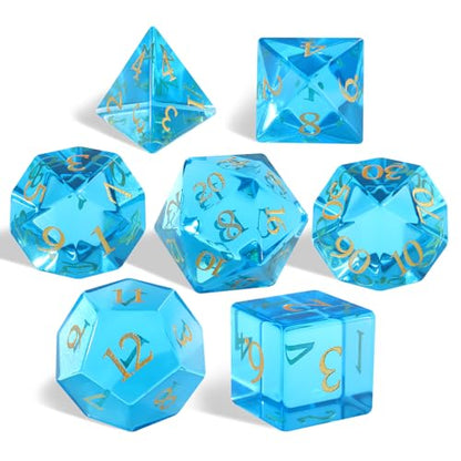 LUCKY-M 7-Piece Crystal Glass Polyhedral Dice Set with Case for Dungeons & Dragons, RPG Games - color: Blue Glass