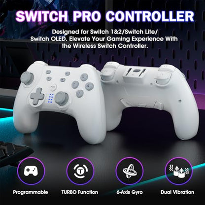Saitake Wireless Switch Controller for Nintendo Switch/Switch 2/Lite/OLED/PC,Gamepad Supports Dual Vibration/6-Axis Gyroscope/Programmable/Turbo,Ergonomically Designed Precise Joystick (White) - color: White