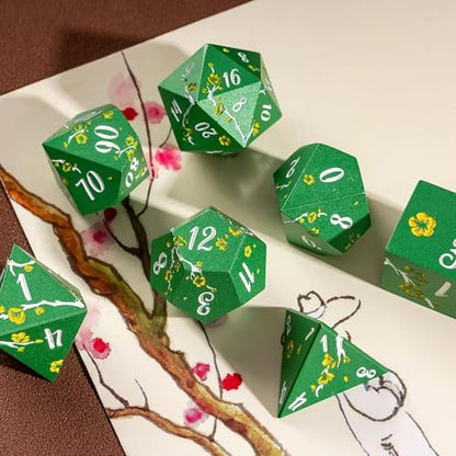 UDIXI DND Metal Dice Set Green, Flower Solid Metal RPG Dice Set for D&D | Yellow Flower, Metal Case Packaging, Heavy Metal Dice, D&D Gift, for Dungeons and Dragons Role Playing Games Tabletop Games - color: Green-white