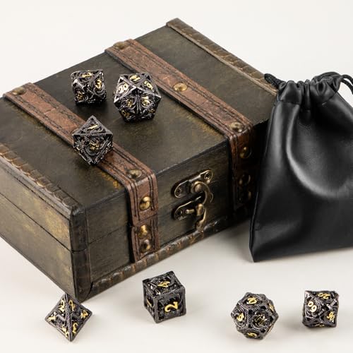 7PCS DND Dice Set, Premium Hollow Metal Polyhedral Dice with Treasure Chest & Dice Bag, Gift for Men & Women, Dungeons and Dragons, TTRPG RPG Tabletop Games (Black) - color: Black