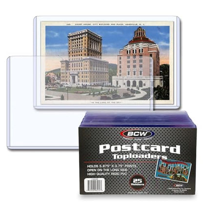 BCW Postcard Top Load Holder - Pack of 25 | Toploaders For Cards Hold 5⅞" x 3¾" Postcards | Postcard Toploader safe for Photos and Cards | Rigid clear holders fit 5 7/8 x 3 3/4 postcards with long-side openings for protected storage, handling, and display