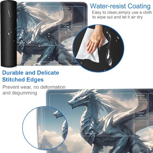 for MTG/TCG Playmat with Zones, 24 x 14 inches Trading Card Playmat with A Storage Bag and 6 Dice, Non-Lip Rubber Bottom Game Desk Mat, Dragon in The Sky - color: Yux-playmats-2-3A-248
