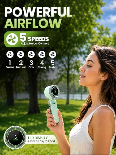 EcoNour Portable Handheld Fan - 5 Gear High Speed 13550 RPM Rechargeable Mini Personal Hand Fans that Blow Cold Air, Battery Powered Travel Fan Essentials, Holiday Gifts for Women, Men - Green - color: Green