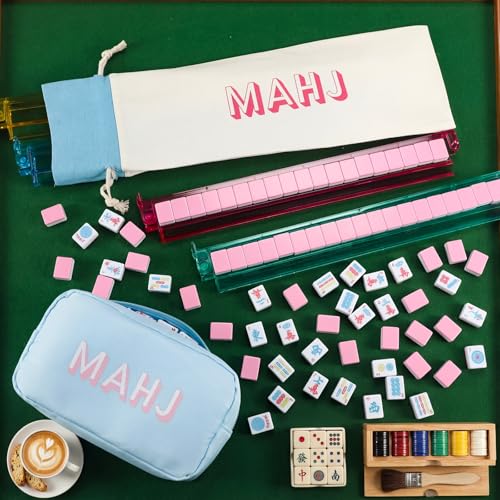Ceenna American Mahjong Tile Set, 166 Tiles, 4 All-in-one Rack/Pushers, Complete Western Mahjong Set with Carrying Bag(Blue,Elegant) - color: Blue, style: Elegant
