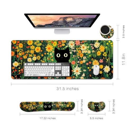 Desk Mat, Large Gaming Mouse Pad with Wrist Rest, 4 in1 XXL Mouse pad+Keyboard Wrist Rest+Mouse Pad Wrist Support+Cup Coaster Set, Ergonomic Desk Pad for Home Office,Floral Cat - color: 90